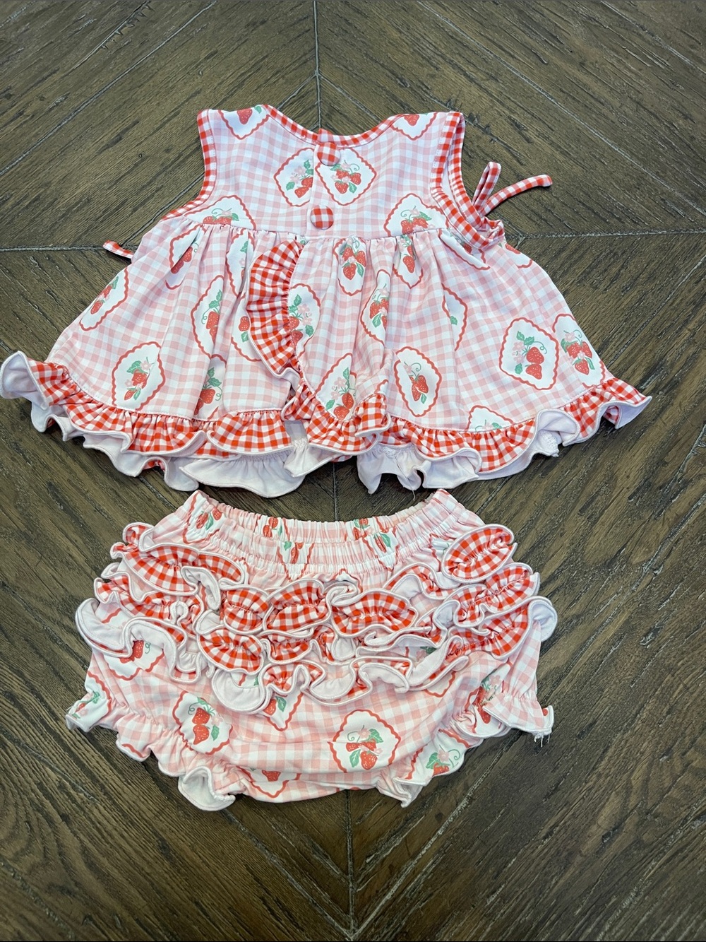 Sew Magnolia Smocks Pink Gingham Strawberry Dress with Matching Bloomer - Picture 5 of 7